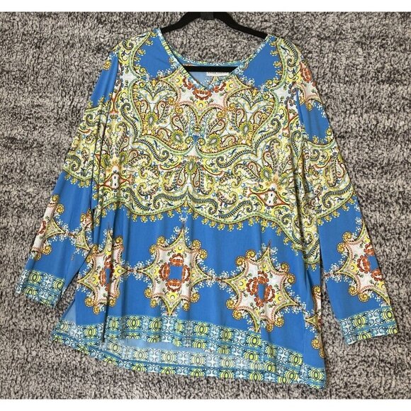 Susan Graver 2X Blue Yellow Paisley Floral‎ Liquid Knit Blouse Top Tunic Boho - Picture 1 of 8